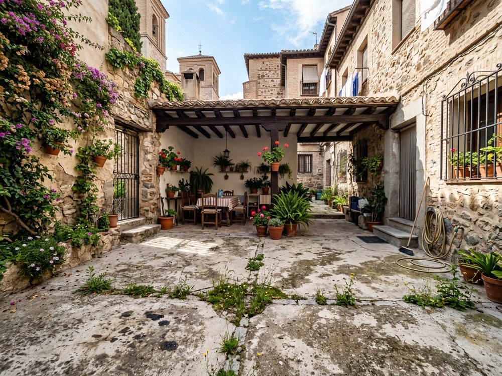 Antes: patio con solera de hormigón viejo agrietado y manchas de humedad en Torrijos, Toledo