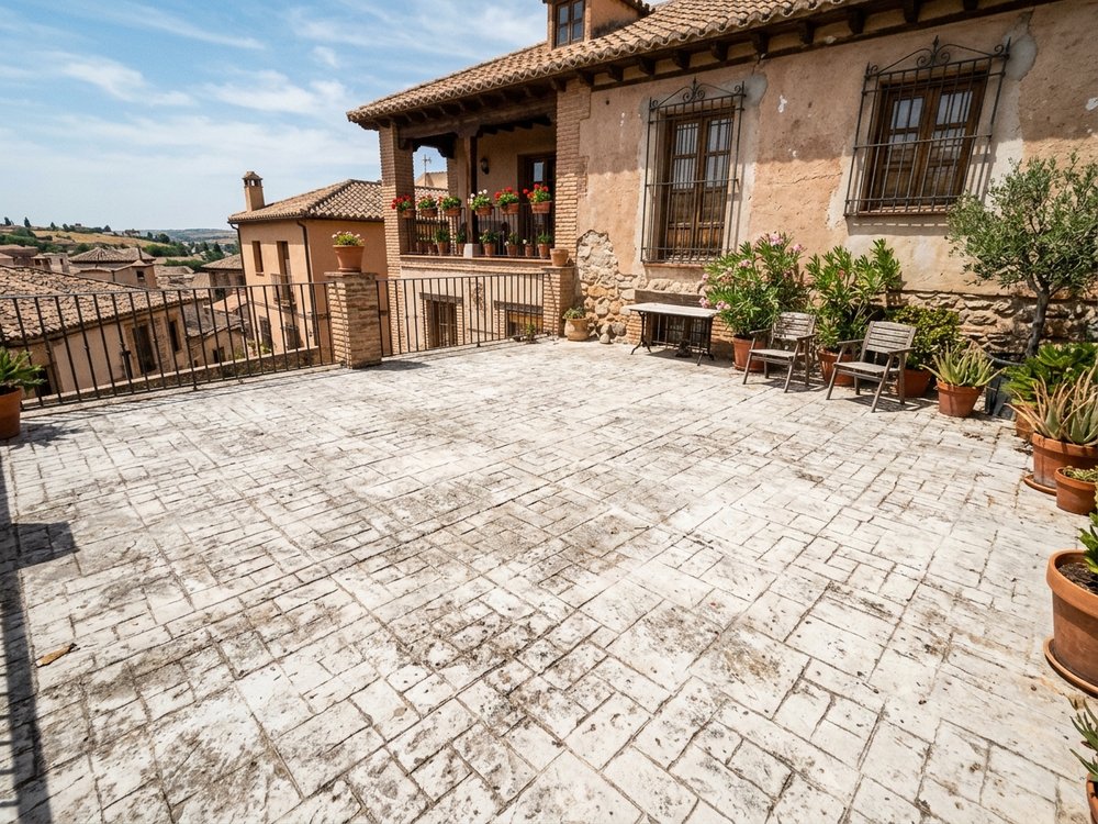 Antes: hormigón impreso desgastado, blanquecino y sin resina en terraza de Talavera de la Reina, Toledo