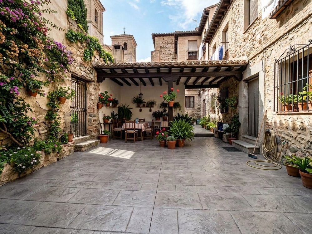 Después: patio renovado con hormigón impreso losa de pizarra gris ceniza en Torrijos, Toledo