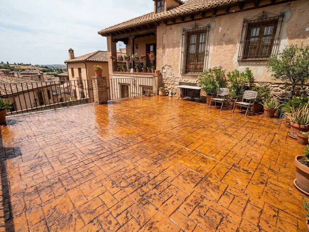 Después: hormigón impreso restaurado, repigmentado en terracota y sellado con resina de poliuretano en Talavera de la Reina