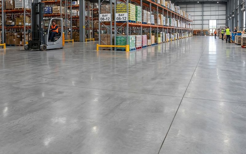 Nave logística con suelo de hormigón pulido gris y estanterías